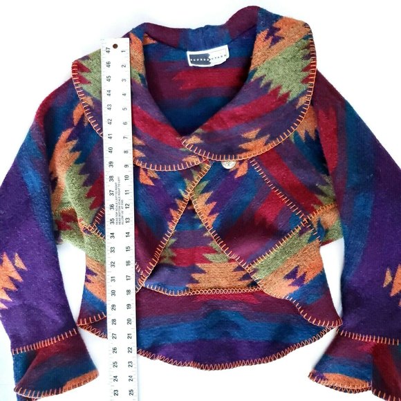 Rhonda Stark Womens Sz M Wool Blend Dolman Sleeve Aztec Print Cropped Cardigan - Picture 6 of 9